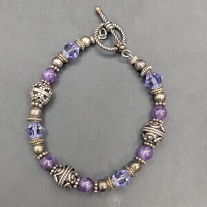 Vintage 925 Amethyst & Lavender Crystal Beaded Bracelet 7 Inch Toggle Clasp